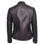 Womens Soft Black Leather Biker Jacket Fitted Quilted Casual Cafe Racer Style Zip Fasten Fiona