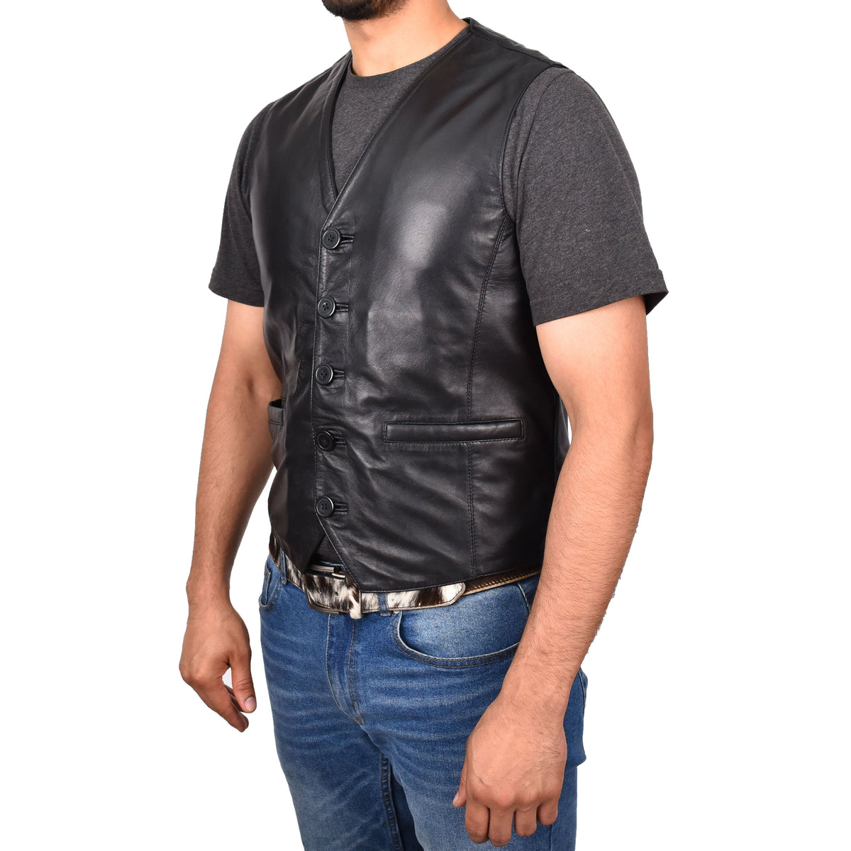 Mens Button Fastening Leather Waistcoat Nick Black