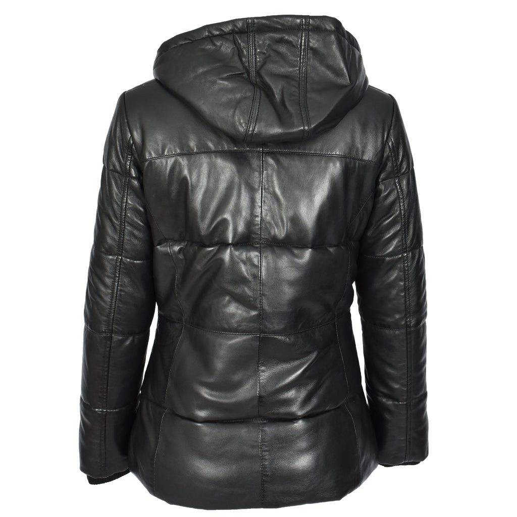 Women's Black Genuine Leather Puffer Jacket Quilted Coat With Removable Hood Padded Design Myra