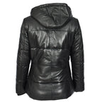 Women's Black Genuine Leather Puffer Jacket Quilted Coat With Removable Hood Padded Design Myra