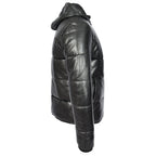 Men's Black Leather Puffer Jacket With Detachable Hood Quilted Padded Outerwear Rory
