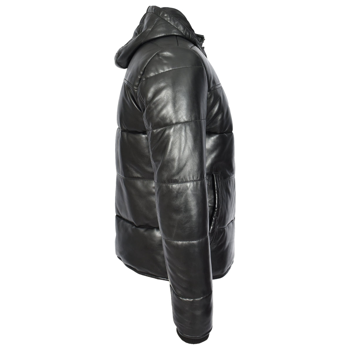 Men's Black Leather Puffer Jacket With Detachable Hood Quilted Padded Outerwear Rory