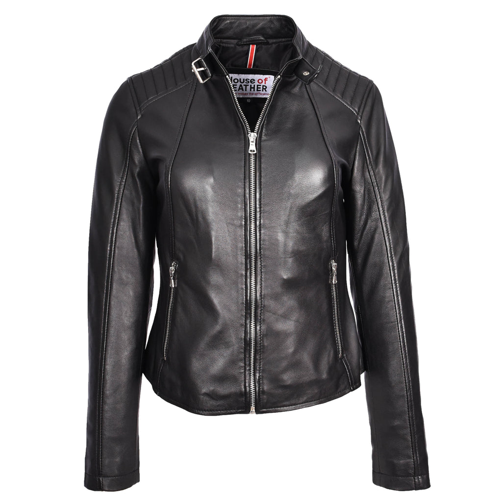 Womens Real Leather Classic Biker Jacket Sophia Black