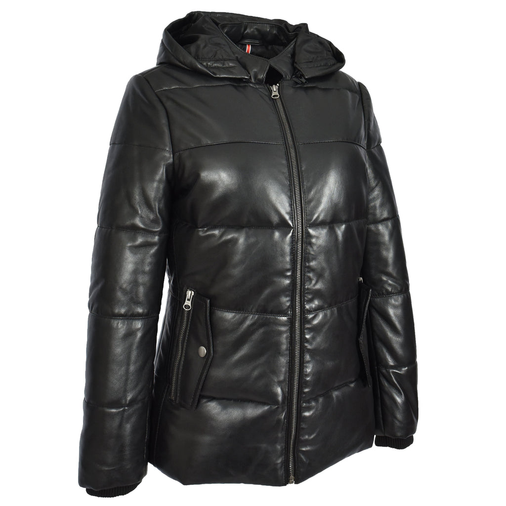 Women's Black Genuine Leather Puffer Jacket Quilted Coat With Removable Hood Padded Design Myra
