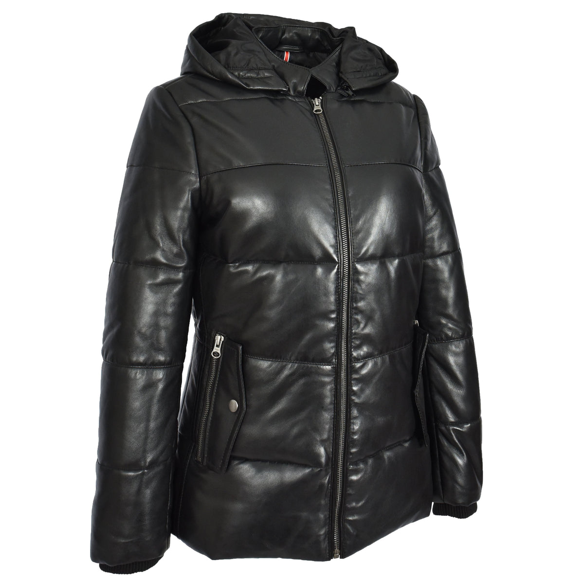 Women's Black Genuine Leather Puffer Jacket Quilted Coat With Removable Hood Padded Design Myra