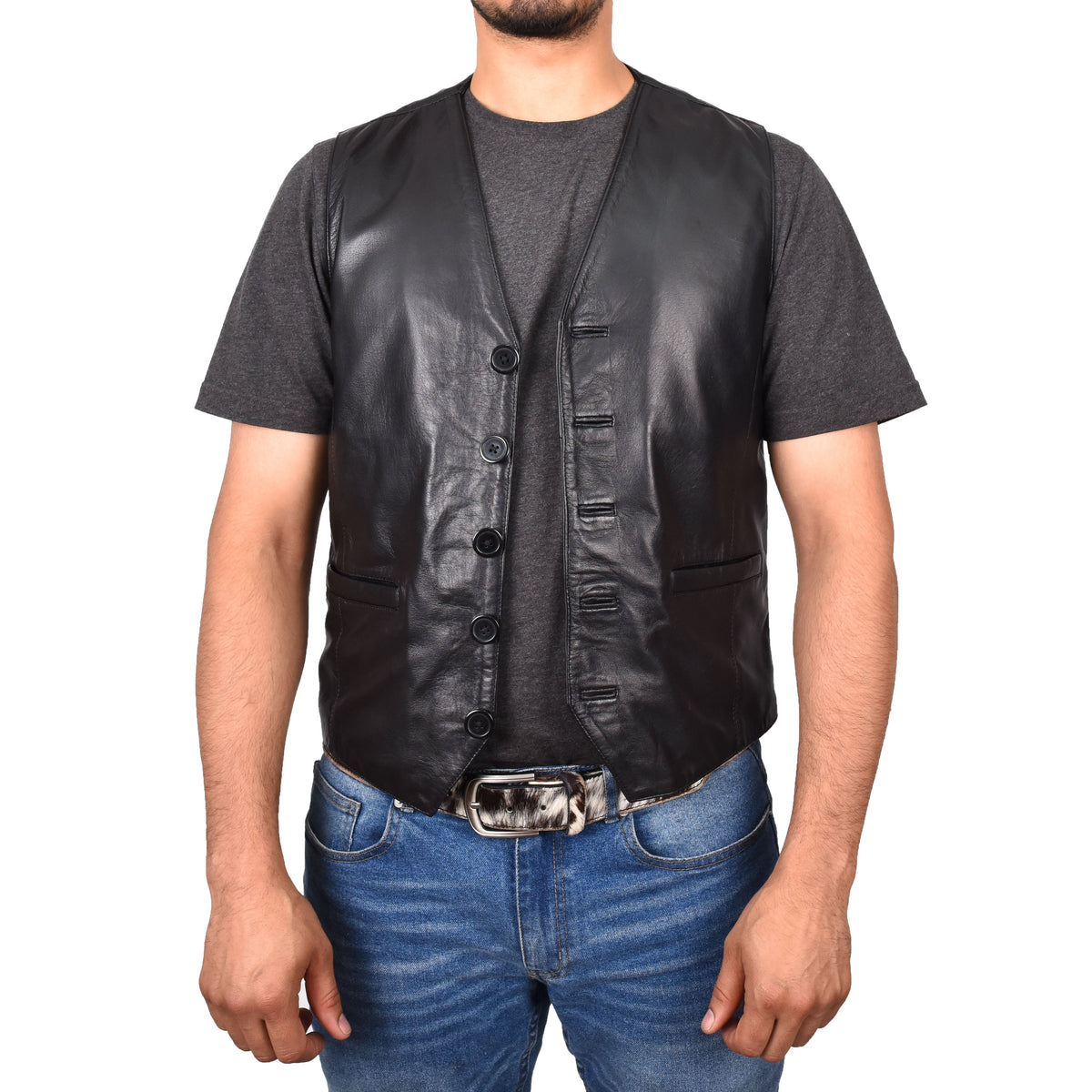 Mens Button Fastening Leather Waistcoat Nick Black