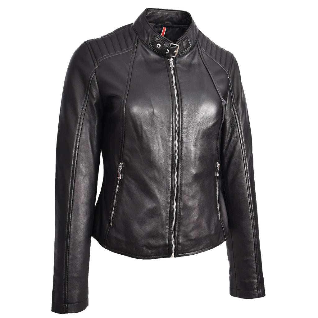 Womens Real Leather Classic Biker Jacket Sophia Black
