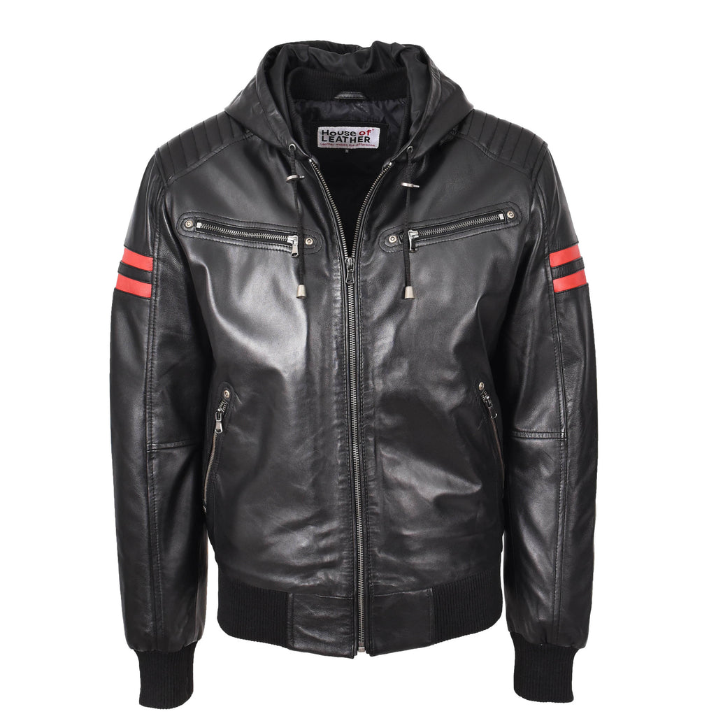 Mens Real Leather Bomber Zip Jacket Hooded Remmy Black