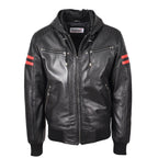 Mens Real Leather Bomber Zip Jacket Hooded Remmy Black