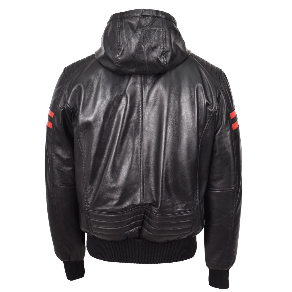 Mens Real Leather Bomber Zip Jacket Hooded Remmy Black