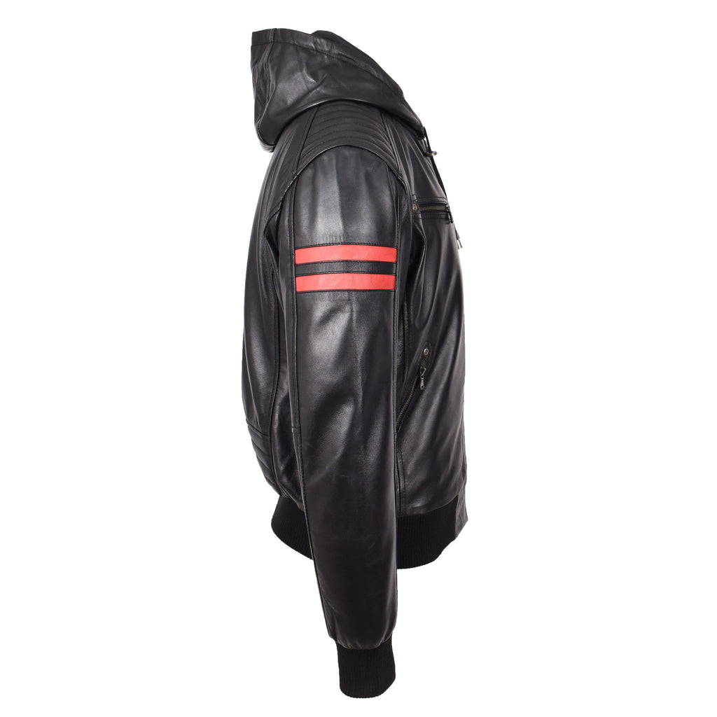 Mens Real Leather Bomber Zip Jacket Hooded Remmy Black