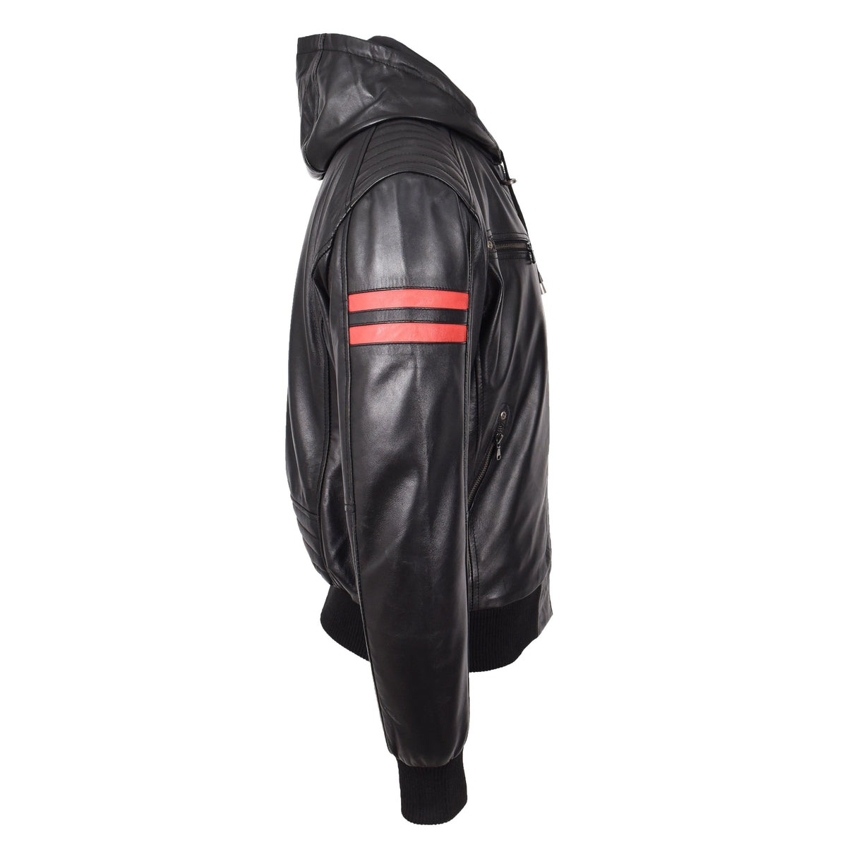 Mens Real Leather Bomber Zip Jacket Hooded Remmy Black