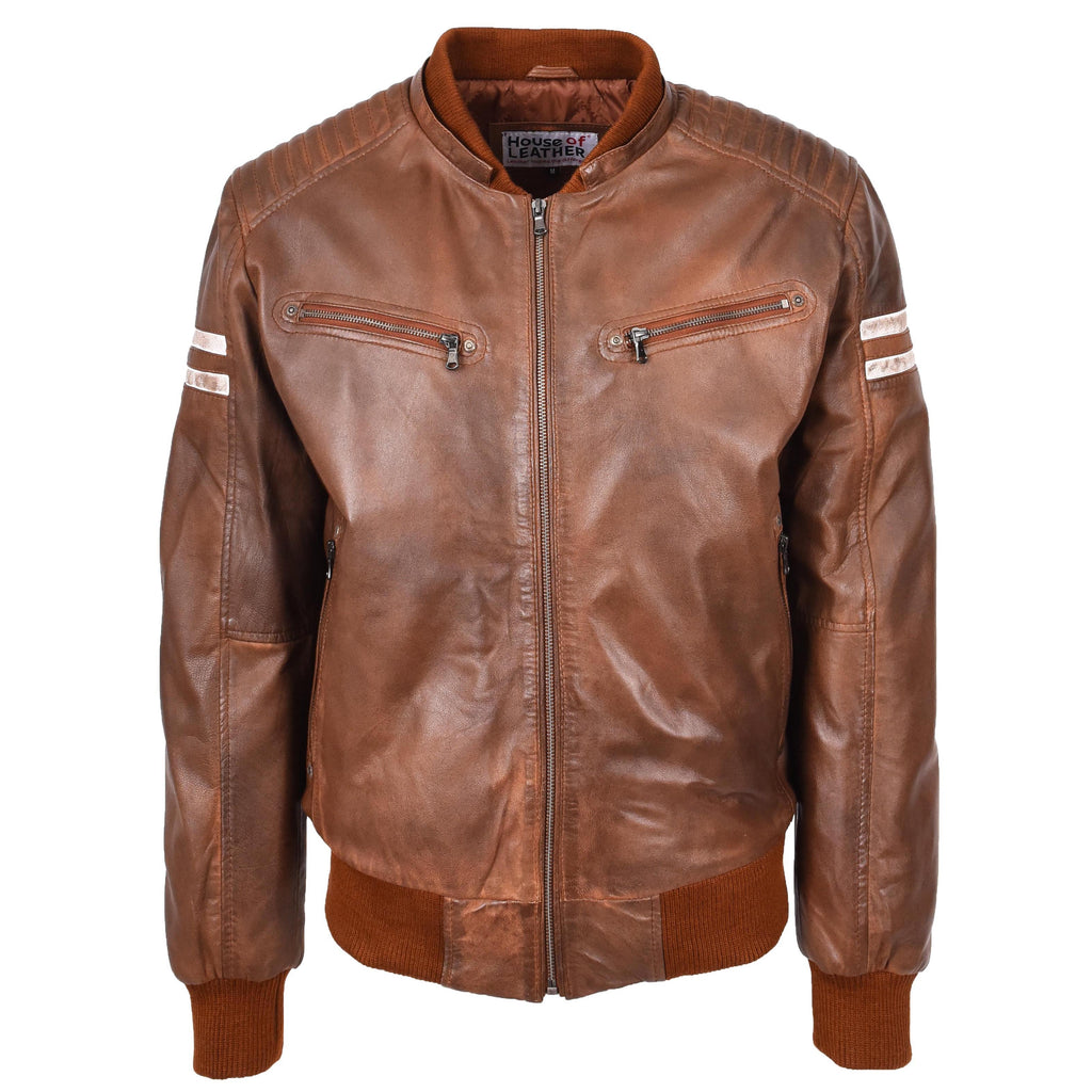 Mens Real Leather Bomber Zip up Detachable Hoodie Jacket Remmy Cognac