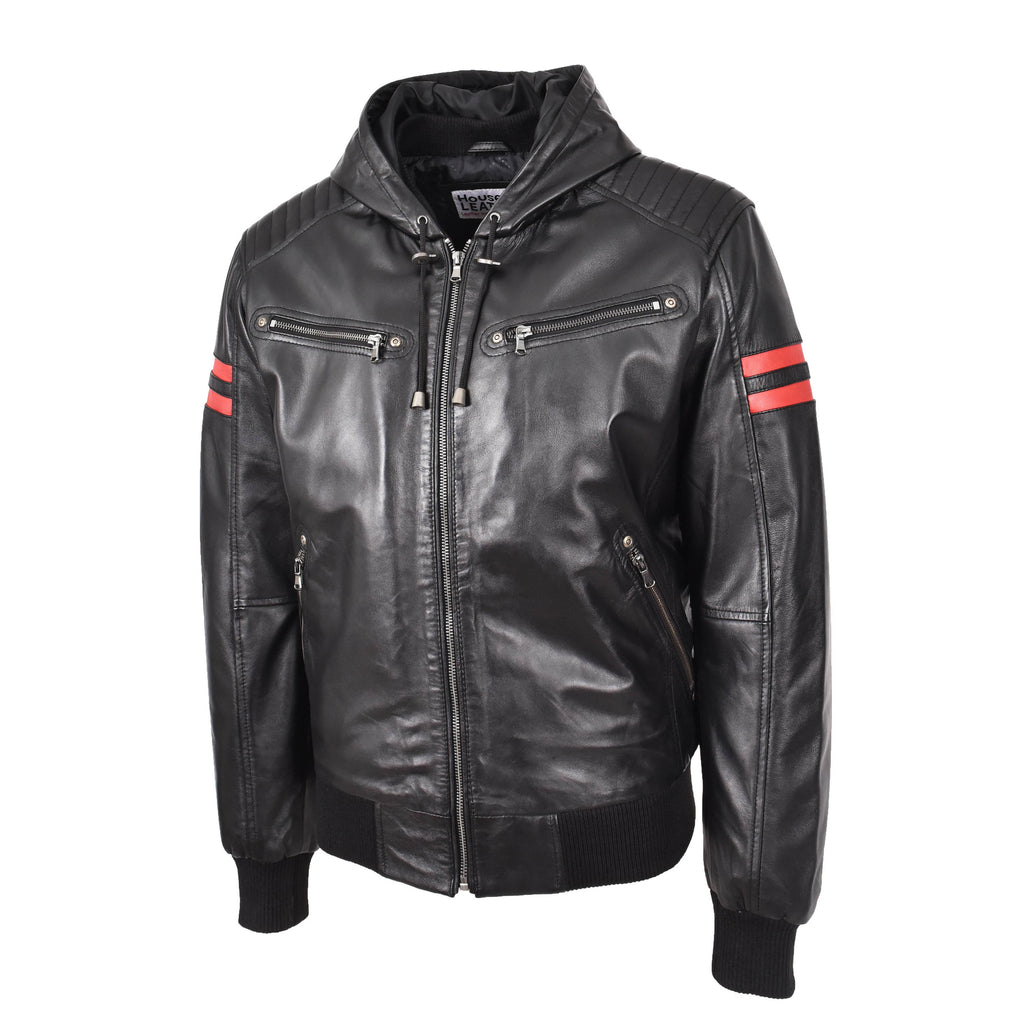 Mens Real Leather Bomber Zip Jacket Hooded Remmy Black