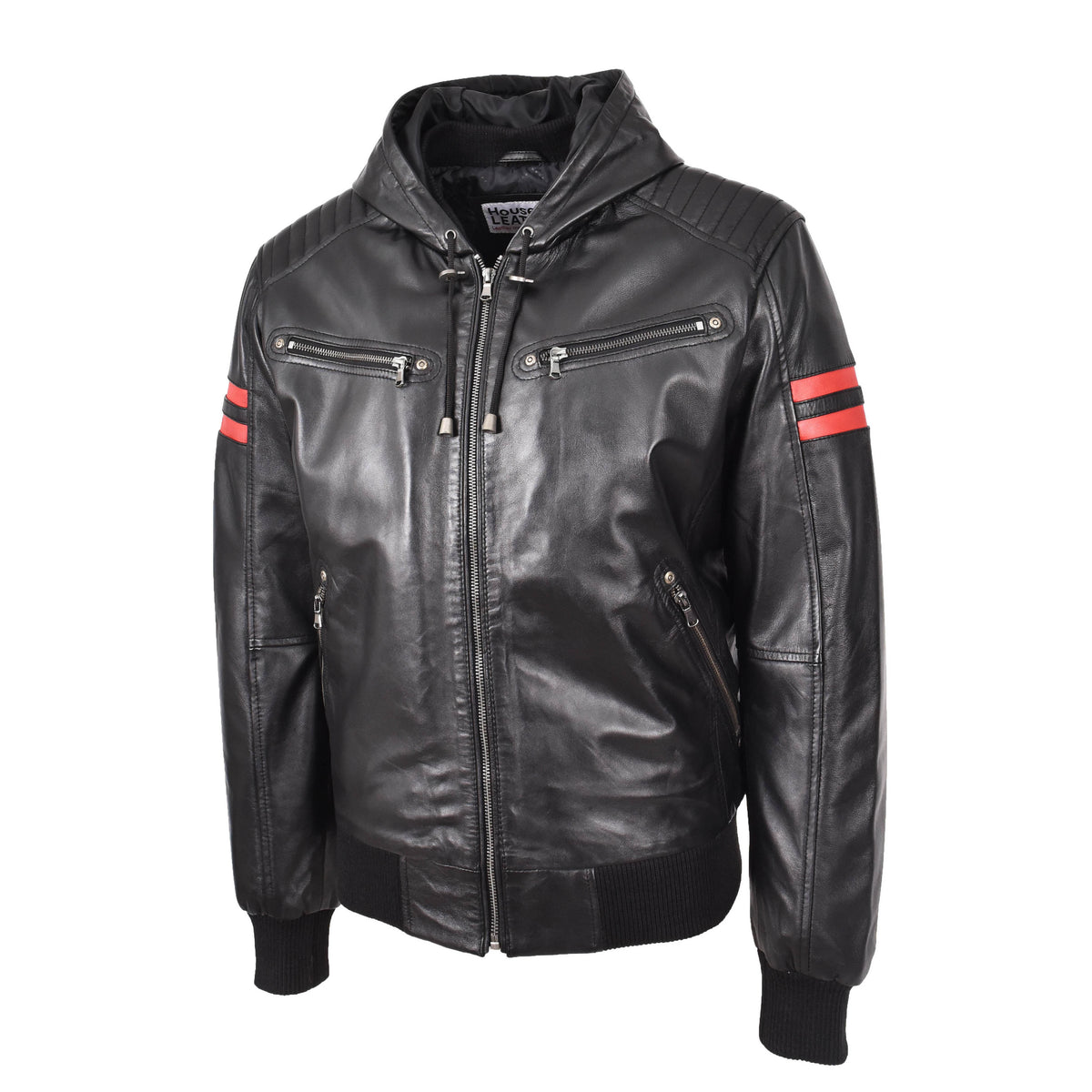 Mens Real Leather Bomber Zip Jacket Hooded Remmy Black