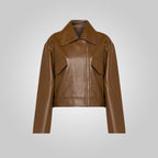 Women Brown Pointed Collar Plain Leather Jacket