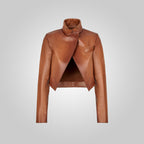 Women Cropped Goatskin Brown Leather Jacket