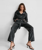 Women's Black Sleeved Genuine Lambskin Leather Jumsuit