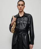 Women's Black Trucker Styled Utility Leather Dress Jumpsuit