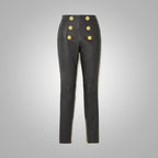 Women's Butt-flap Zipper Black Leather Pants