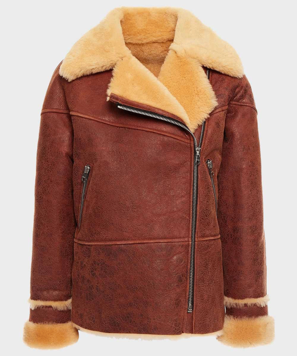 Womens Classic Brown Shearling Distressed Leather Jacket