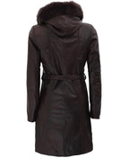 Dark Brown Leather Coat for Women With Removable Fur Hood