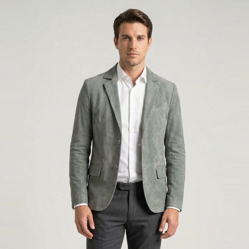 Mens Real Goat Suede Blazer Two Button Classic Jacket Zavi Grey