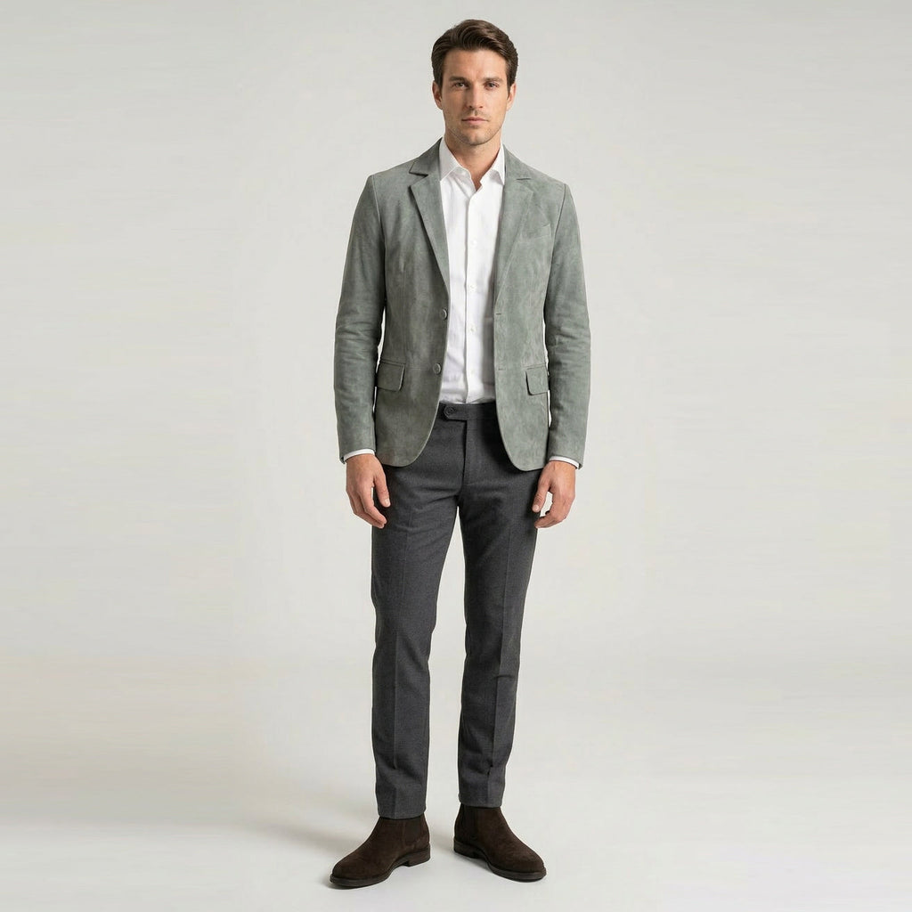 Mens Real Goat Suede Blazer Two Button Classic Jacket Zavi Grey