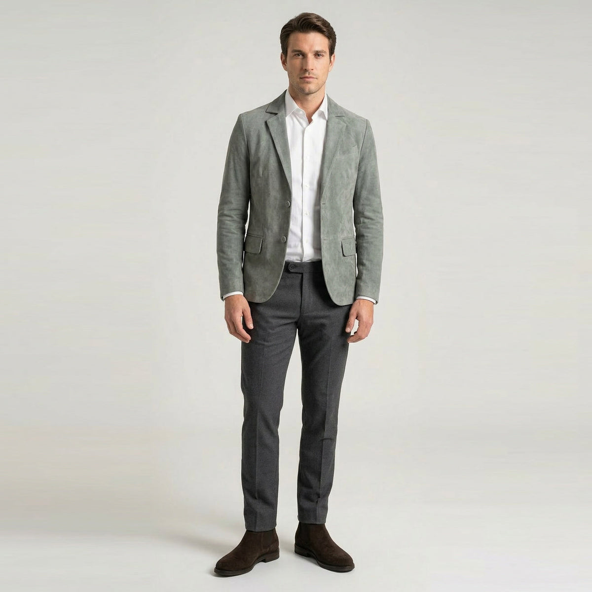 Mens Real Goat Suede Blazer Two Button Classic Jacket Zavi Grey