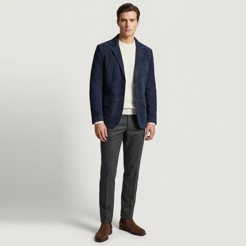Mens Real Goat Suede Blazer Two Button Classic Jacket Zavi Navy