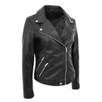 Womens Leather Biker Style Jacket Cross Zip Maya Black
