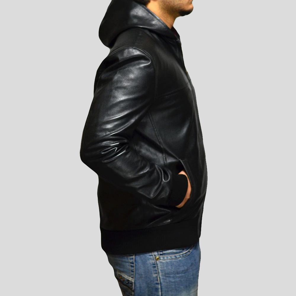 Shane Black Bomber Leather Jacket Hooded
