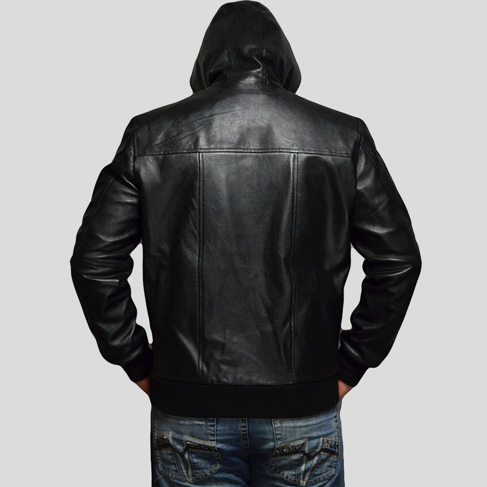 Shane Black Bomber Leather Jacket Hooded