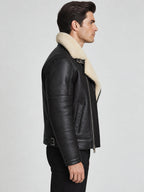 Men’s Black Sheepskin Shearling Aviator Biker Jacket