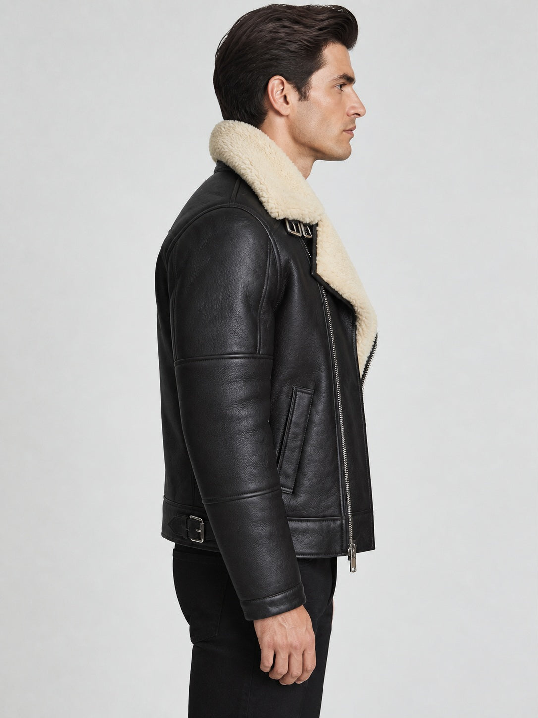 Men’s Black Sheepskin Shearling Aviator Biker Jacket