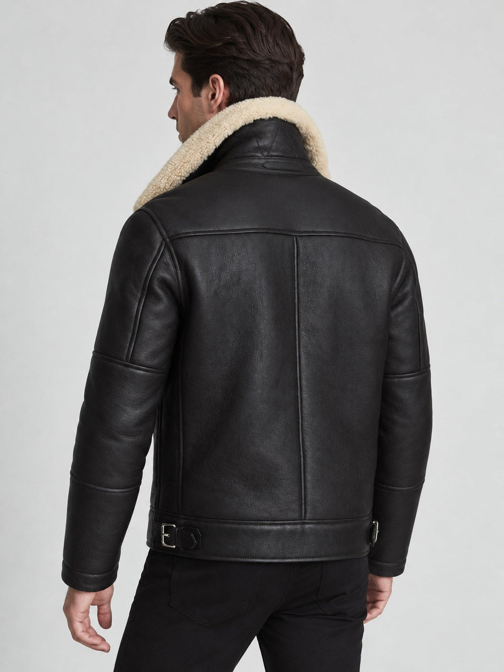 Men’s Black Sheepskin Shearling Aviator Biker Jacket