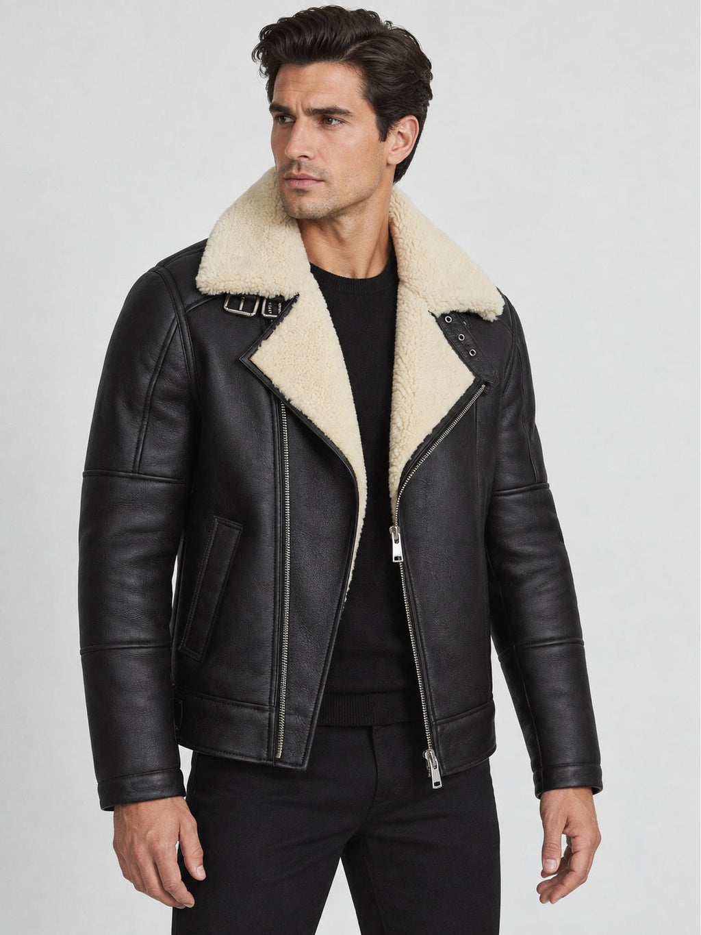 Men’s Black Sheepskin Shearling Aviator Biker Jacket