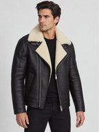 Men’s Black Sheepskin Shearling Aviator Biker Jacket