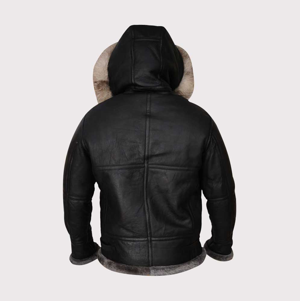 Men Black Shearling Jacket With Hoodie
