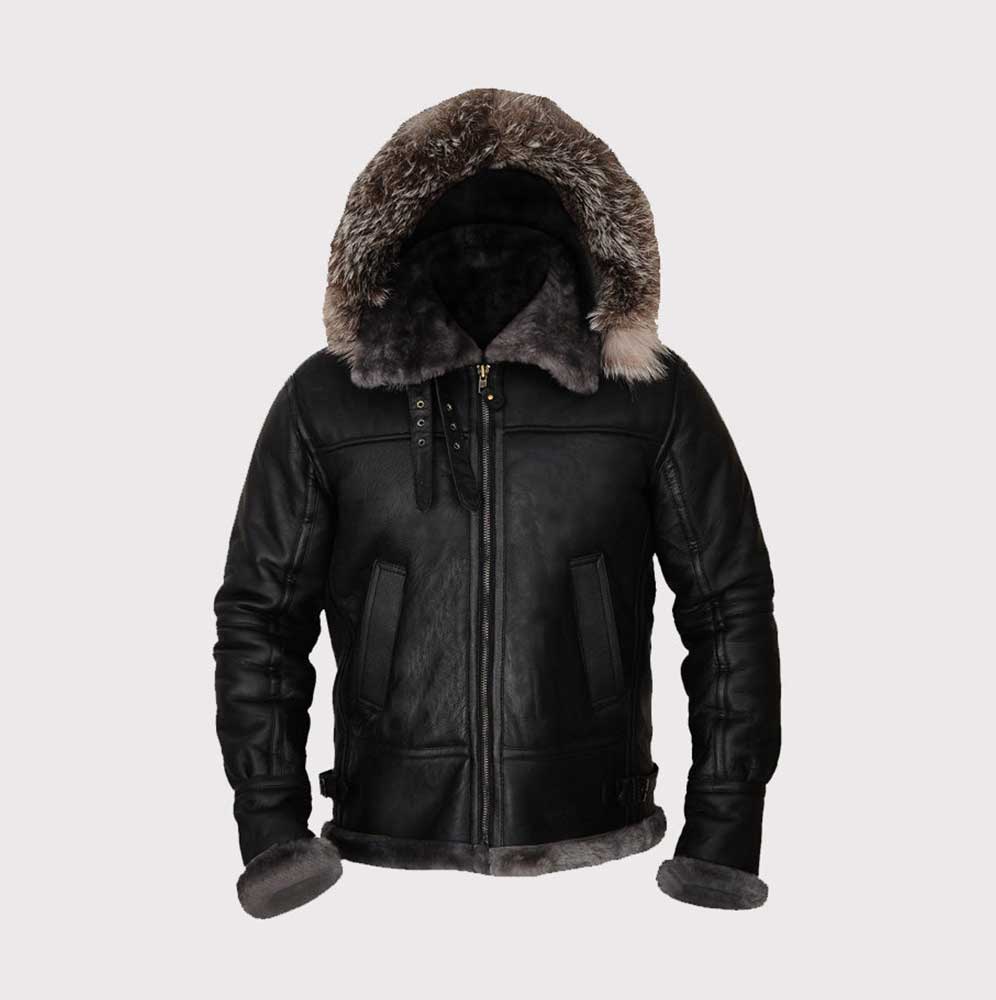 Men Black Shearling Jacket With Hoodie