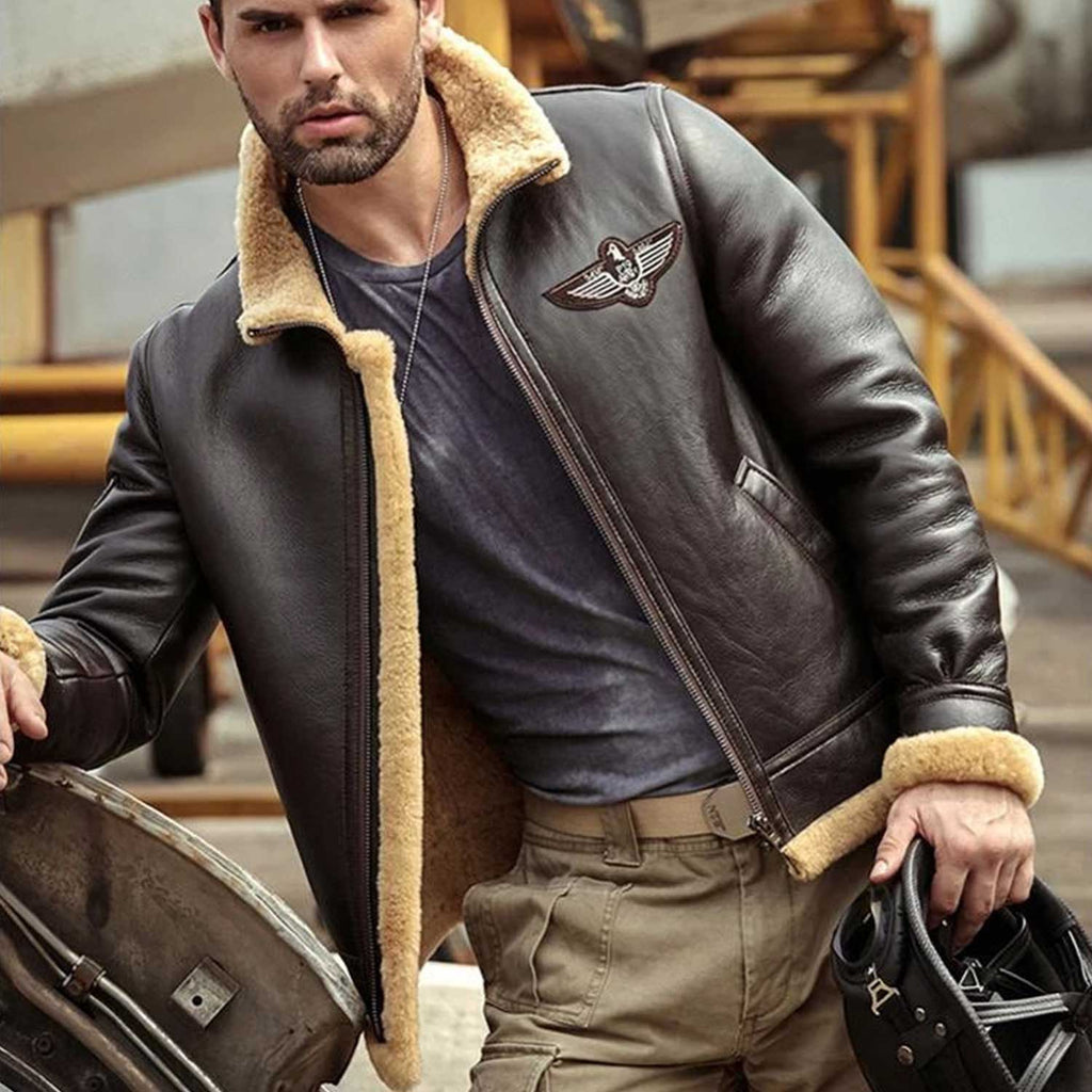 Men's Black RAF Aviator Airforce Sheepskin Shearling Leather Jacket