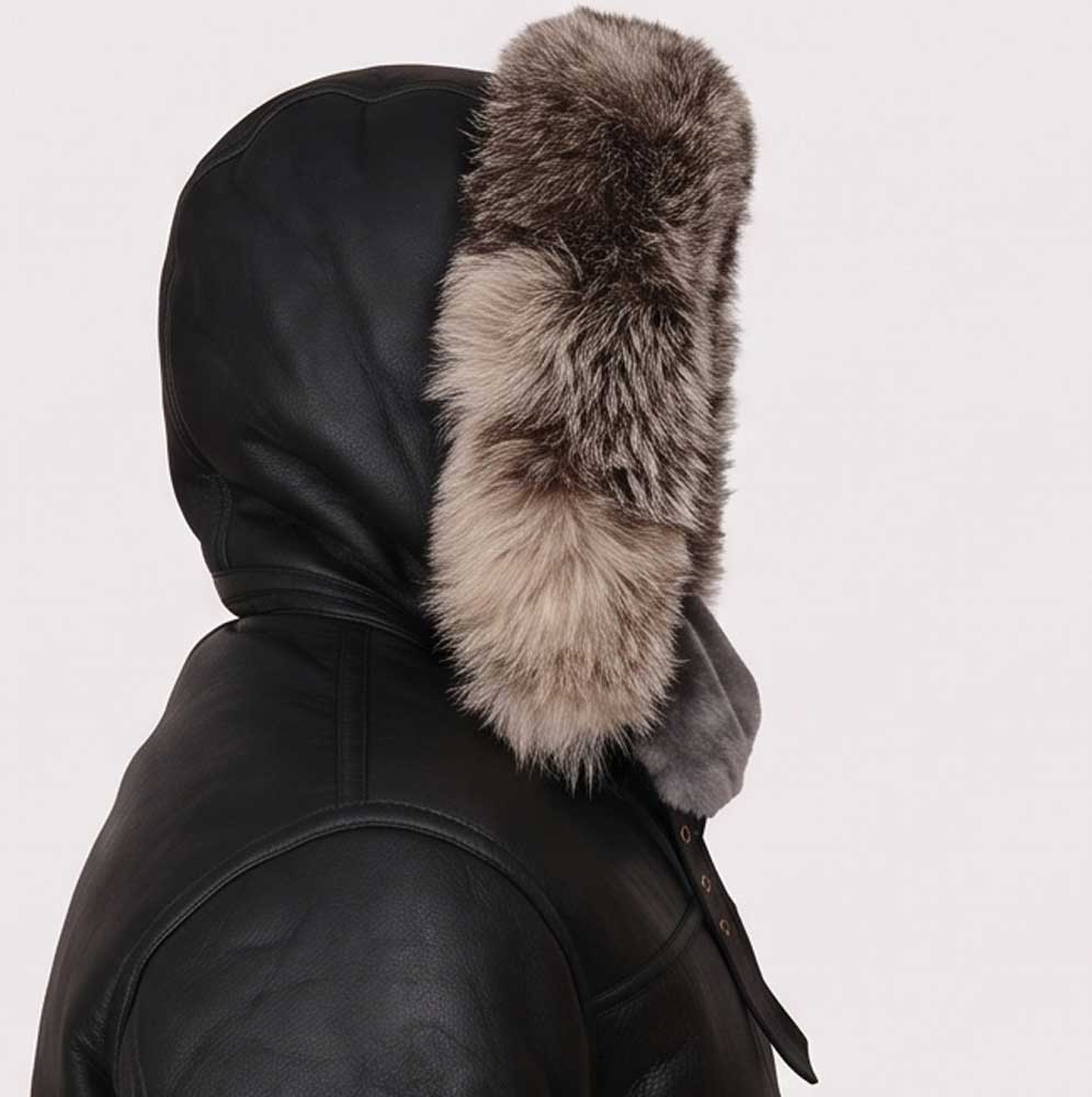 Men Black Shearling Jacket With Hoodie