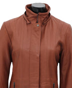 Womens 3/4 Length Brown Leather Coat With Removable Fur Hood