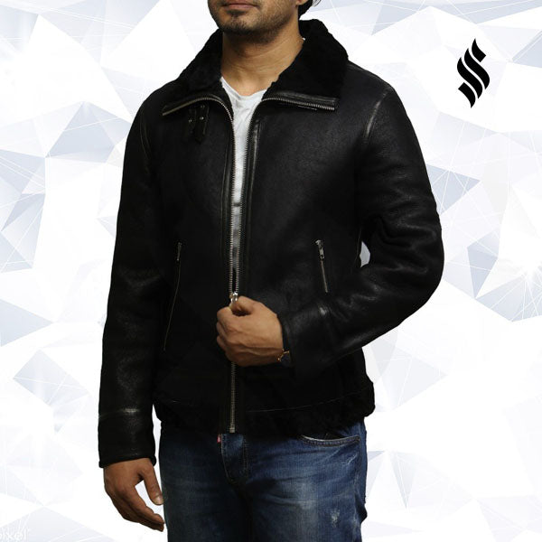 Men's Aviator Black B3 World War2 Real Shearling Sheepskin Flying Jacket
