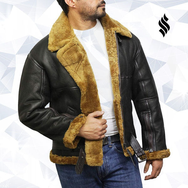 Men's Aviator Real Shearling Sheepskin Leather Bomber Flying Jacket