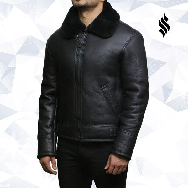 Men's Black Aviator B3 Real Shearling Sheepskin Leather Bomber Flying Pilot Jacket