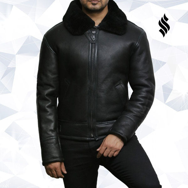 Men's Black Aviator B3 Real Shearling Sheepskin Leather Bomber Flying Pilot Jacket