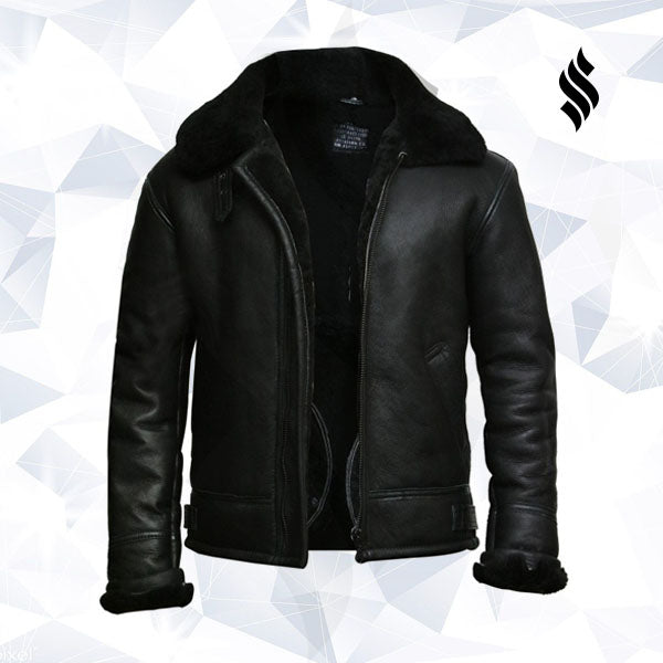 Men's Black Aviator B3 Real Shearling Sheepskin Leather Bomber Flying Pilot Jacket