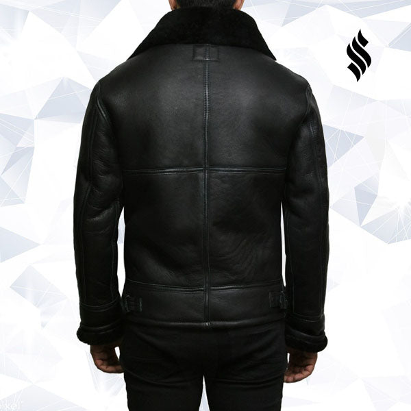Men's Black Aviator B3 Real Shearling Sheepskin Leather Bomber Flying Pilot Jacket