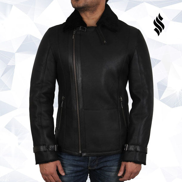 Men's Luxury Aviator Black Leather Shearling Sheepskin Flying Coat